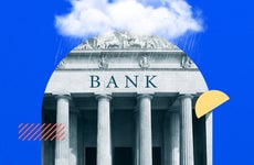 Illustration of a bank juxtaposed against a whimsical skyline
