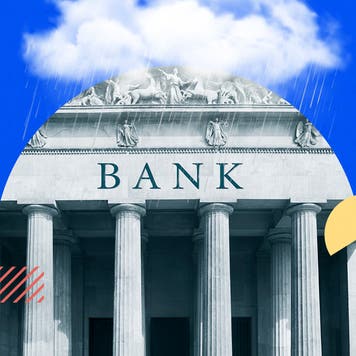 Illustration of a bank juxtaposed against a whimsical skyline