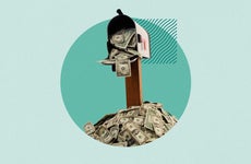 Illustrated collage featuring a mailbox with money falling out