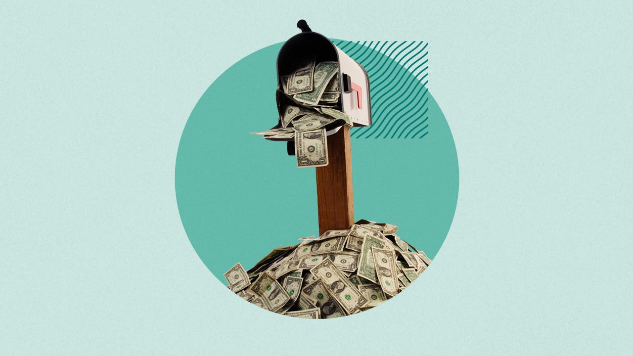 Illustrated collage featuring a mailbox with money falling out
