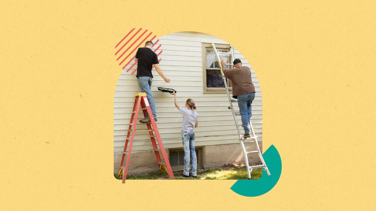 Illustrated collage featuring people working together to paint a house