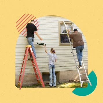 Illustrated collage featuring people working together to paint a house