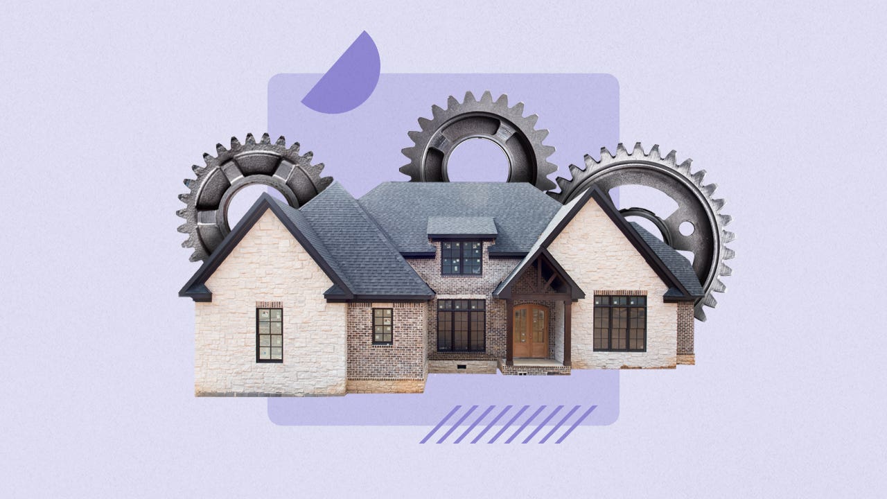 Illustrated collage featuring gears behind a house