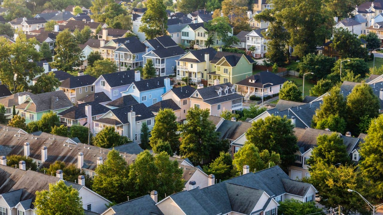 Aerial view of house roofs in suburban neighborhood