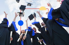 Illustration of a group of high school graduates throwing their graduation caps in the air.