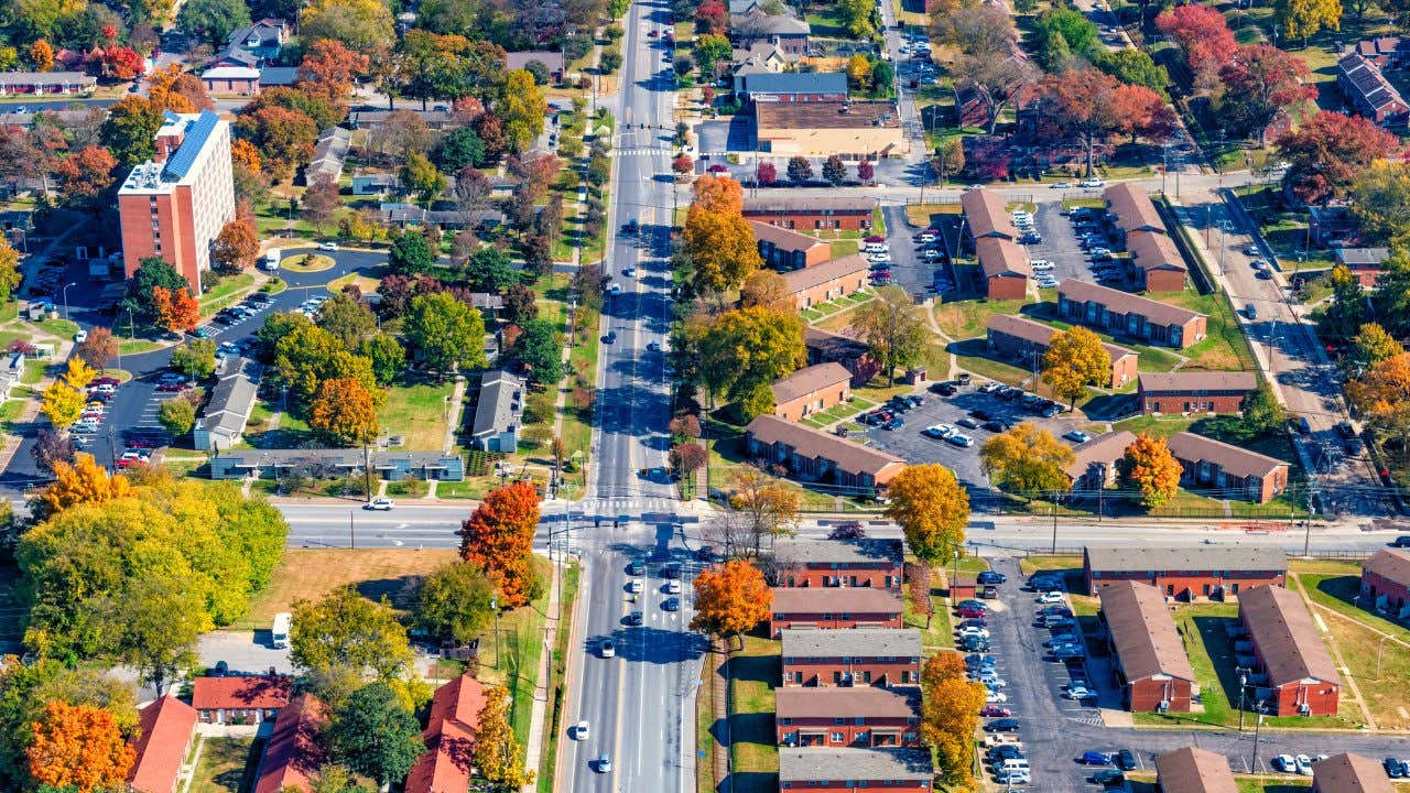 A quiet residential district located just outside of downtown Nashville, Tennessee shot from and altitude of about 1000 feet.