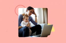 Distressed woman holding a baby looking for jobs on a laptop