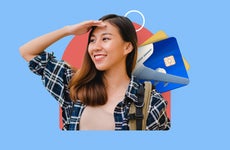 design element including a young women with her hand on her forehead and an airplane wign and credit card sprawled behind her