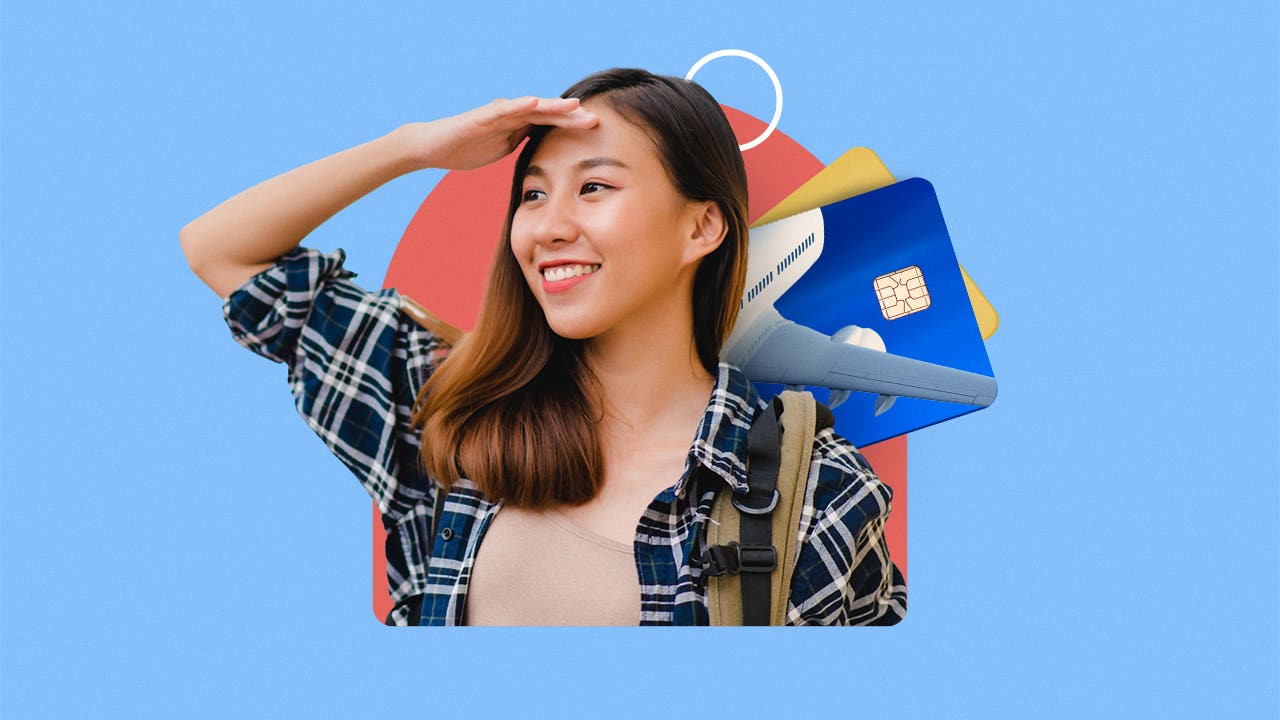 design element including a young women with her hand on her forehead and an airplane wign and credit card sprawled behind her