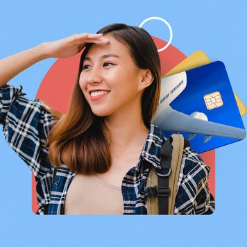 design element including a young women with her hand on her forehead and an airplane wign and credit card sprawled behind her