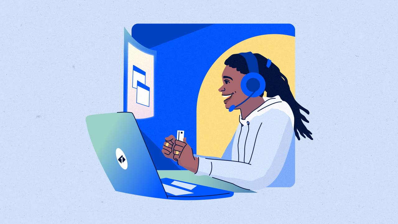 design element including a person with an ear piece smiling while working on a laptop