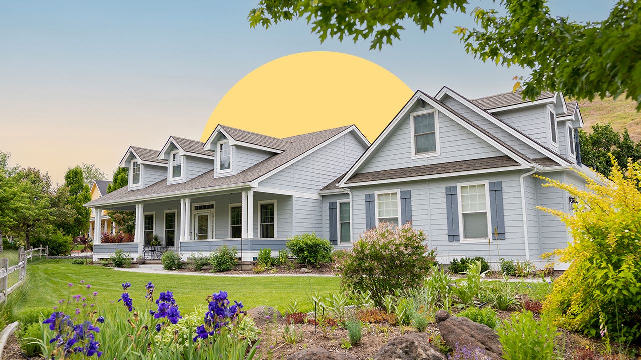 housing heat index - photo illustration of suburban home with rising yellow sun