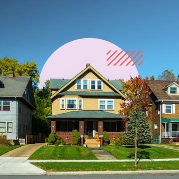 Illustrated collage featuring a view of houses from the street