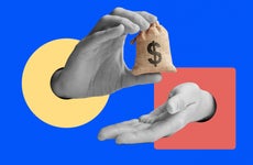 A collage featuring two hands, one holding a bag with a money symbol.