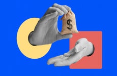 A collage featuring two hands, one holding a bag with a money symbol.