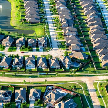 Aerial view of a large suburban housing subdivision located just south of Houston Texas shot from an altitude of about 800 feet during a helicopter photo flight.
