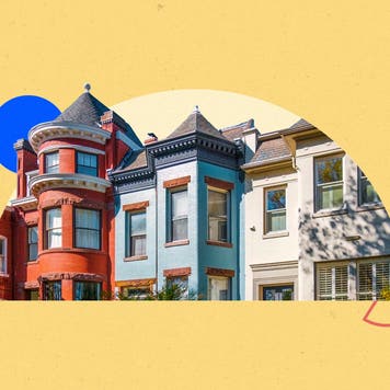 Illustrated collage featuring townhouses