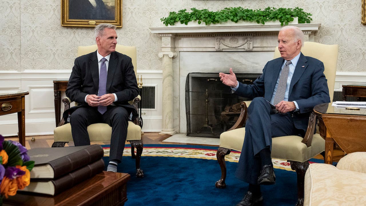 WASHINGTON, DC - MAY 22: U.S. President Joe Biden meets with Speaker of the House Kevin McCarthy (R-CA) in the Oval Office of the White House on May 22, 2023 in Washington, DC. Biden and McCarthy were meeting to strike a deal on raising the debt limit and avoid a default by the federal government