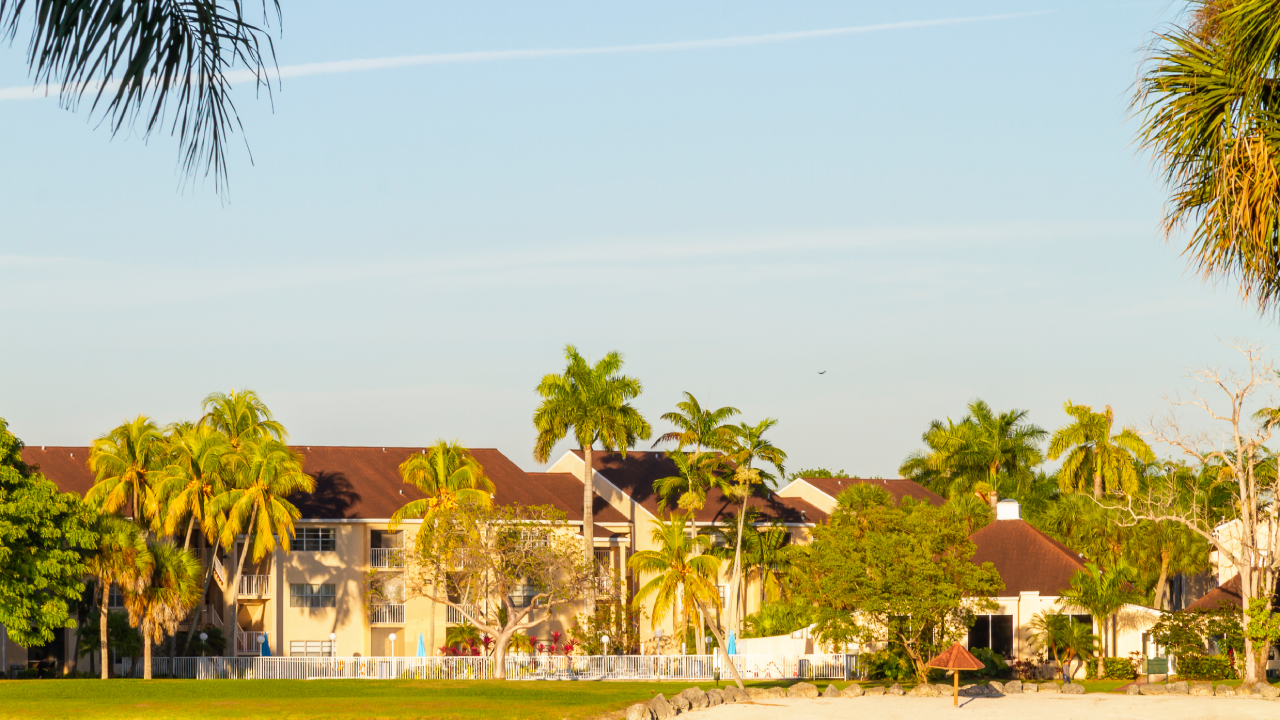 Modern middle-class colorful painted building / home details located Mediterranean style community at Hammocks Doral neighborhood in Miami, Florida