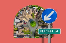 Illustrated collage featuring a road sign that says, "Market St" and a suburban town