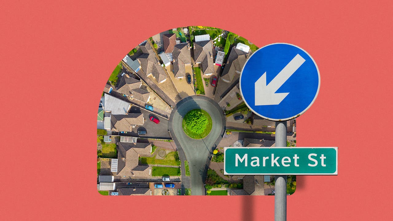 Illustrated collage featuring a road sign that says, "Market St" and a suburban town