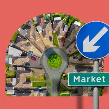 Illustrated collage featuring a road sign that says, "Market St" and a suburban town