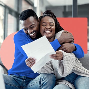 Illustrated image of a photo hugging on their couch while looking at financial statements