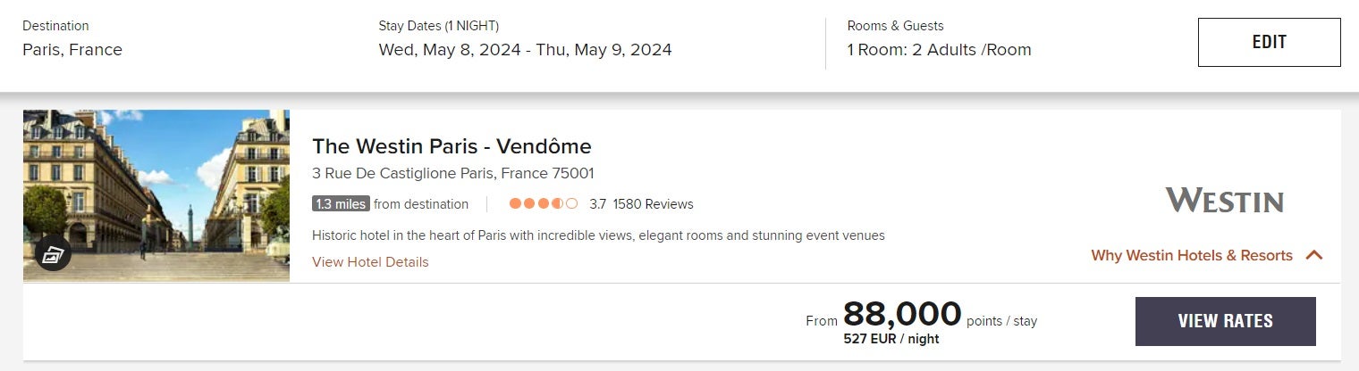 screenshot of booking at the westin Paris Vendome