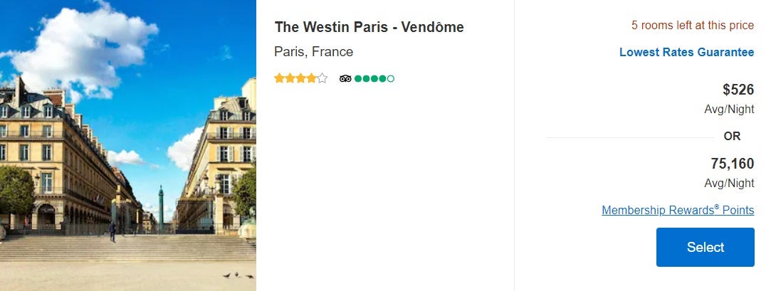 screenshot of booking travel at westin Paris Vendome