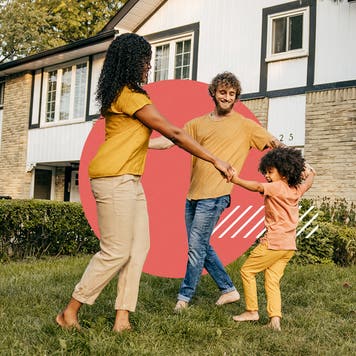 Illustrated collage featuring a family holding hands and playing in a yard