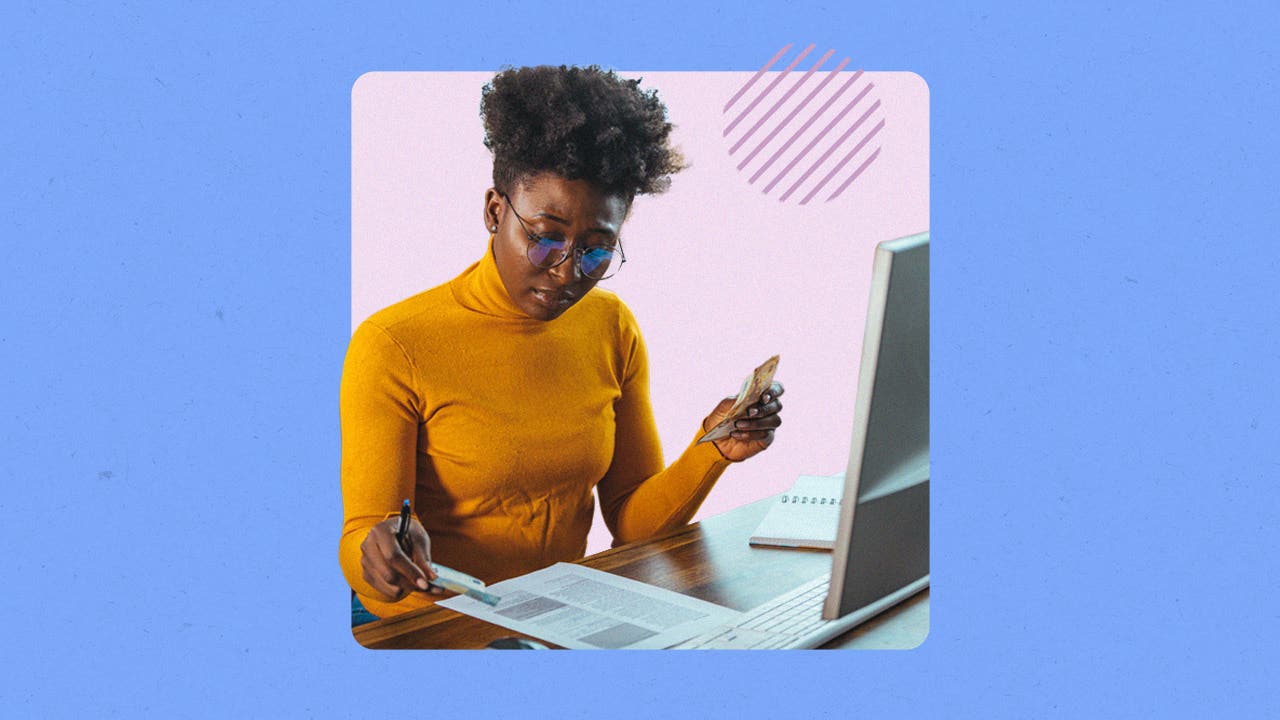 Illustration of a woman looking over documents against a pink and blue background