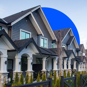 Illustrated collage featuring a row of houses with a blue circle rising behind them