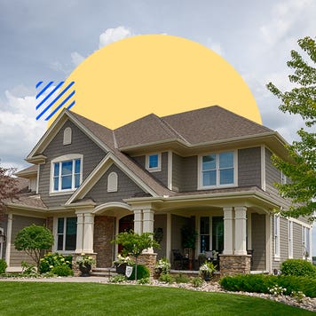 Illustrated collage featuring a house with a circle behind it
