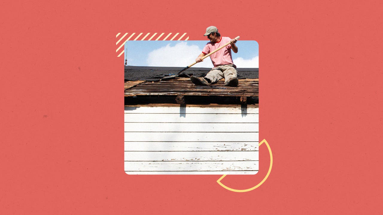 Illustrated collage featuring a man removing a damaged roof