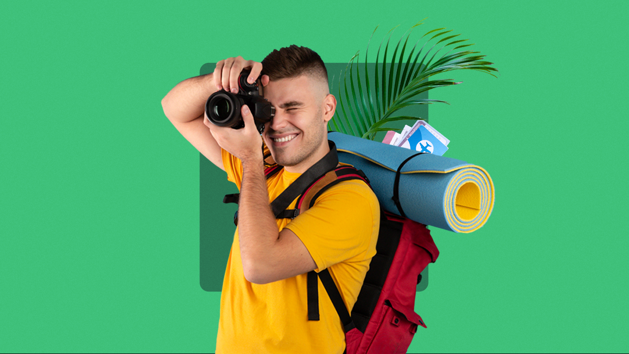 design element displaying a backpacking traveler taking a photo with a palm tree leaf in the background with a solid green background