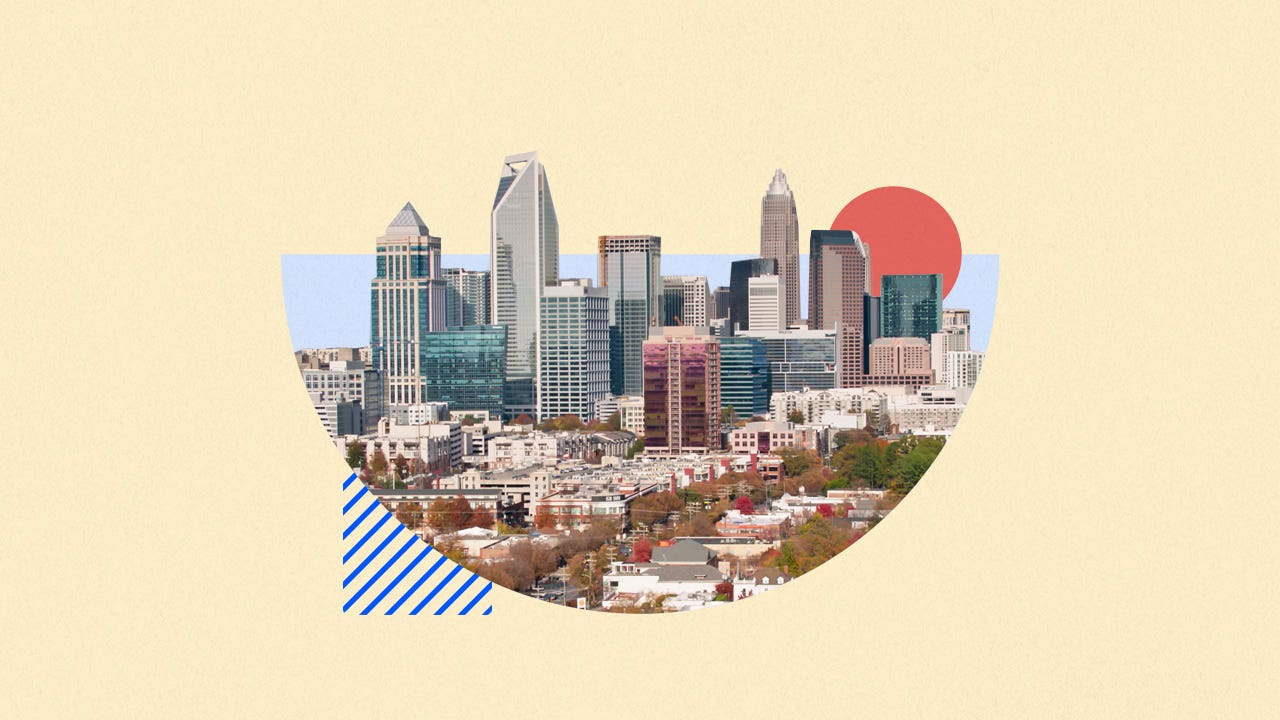 Illustrated collage featuring the city of Charlotte, NC