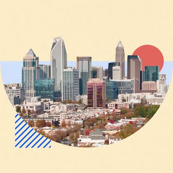 Illustrated collage featuring the city of Charlotte, NC