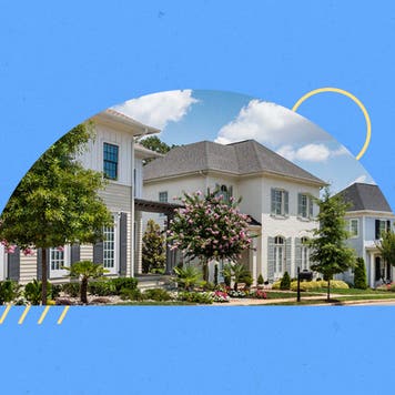 Illustrated collage featuring a set of row houses on a sunny day