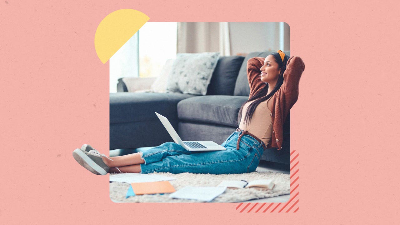 An illustrated image of a woman smiling in her living room with her laptop and personal finance documents