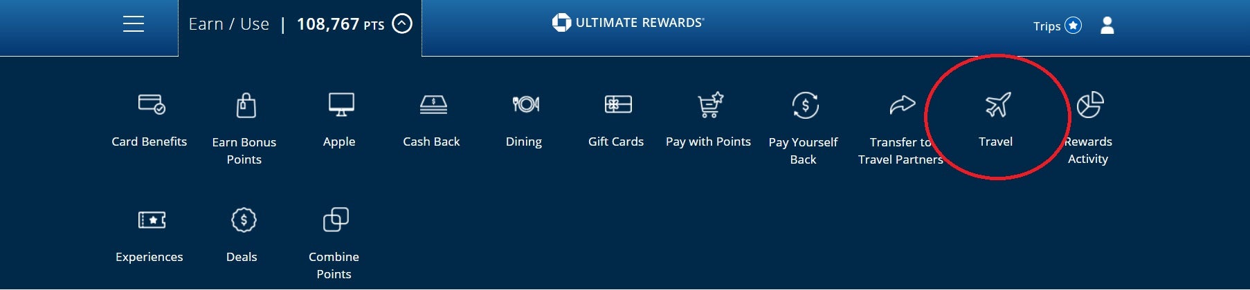 screenshot of interface of the chase ultimate rewards travel portal
