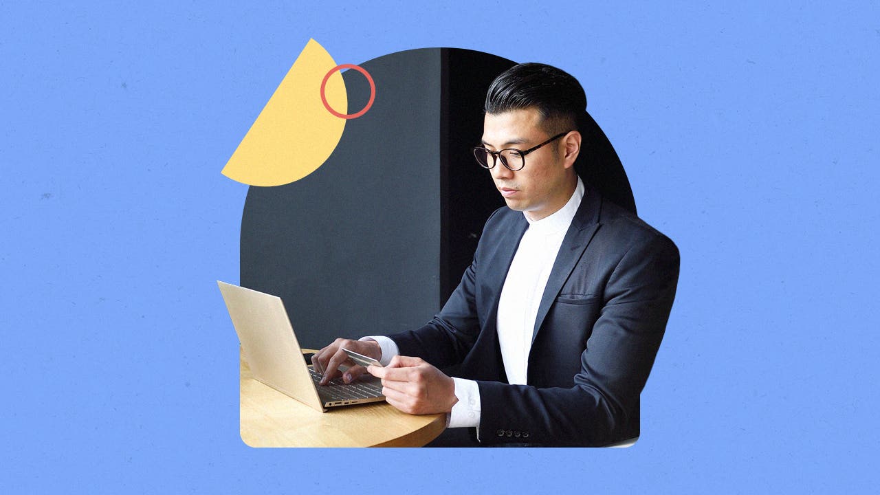 design element including a businessman on a computer holding a card