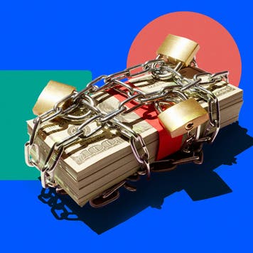 Illustration of cash wrapped in locks and a chain