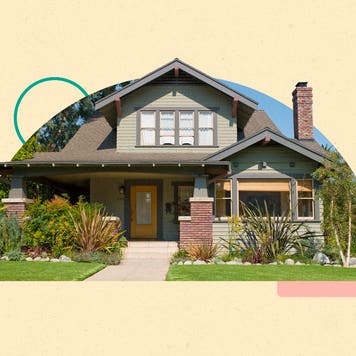 Illustrated collage featuring a house surrounded by greenery