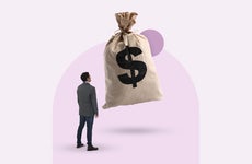 Illustrated graphic featuring a man in a suit staring at a large bag of money