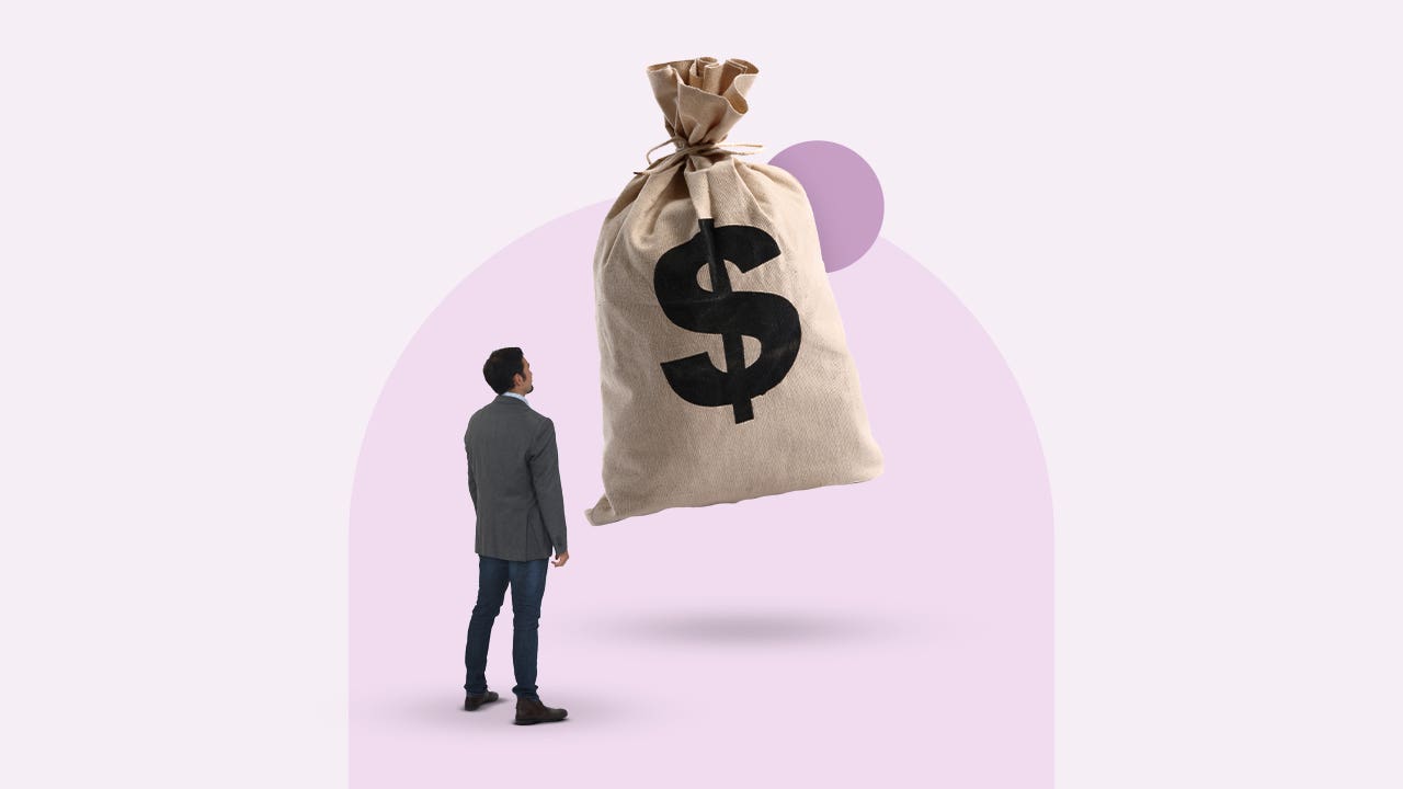 Illustrated graphic featuring a man in a suit staring at a large bag of money