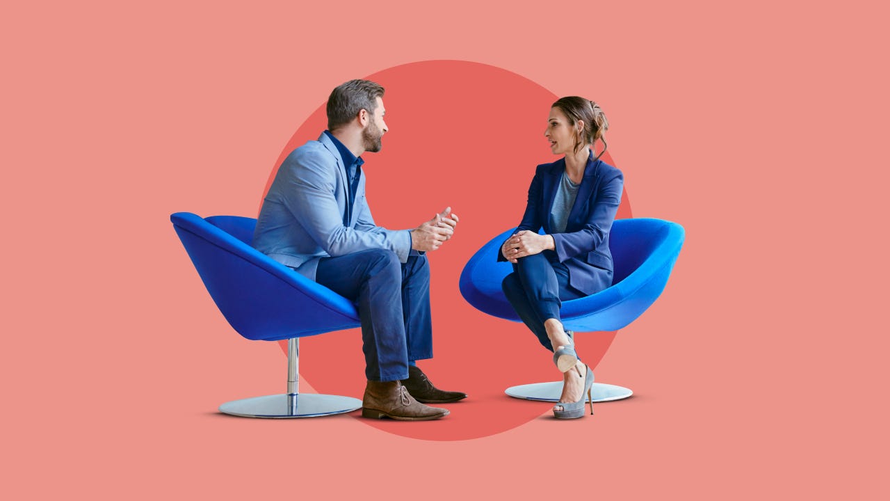 Illustration including two people sitting in blue chairs, engaged in conversation