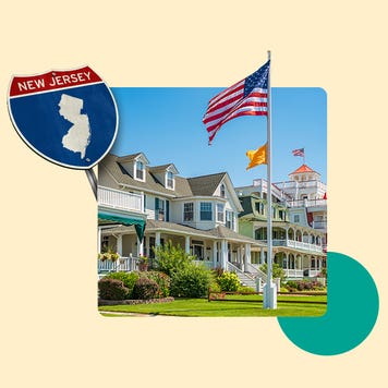 Illustrated collage featuring a landmark sign that says, "New Jersey"