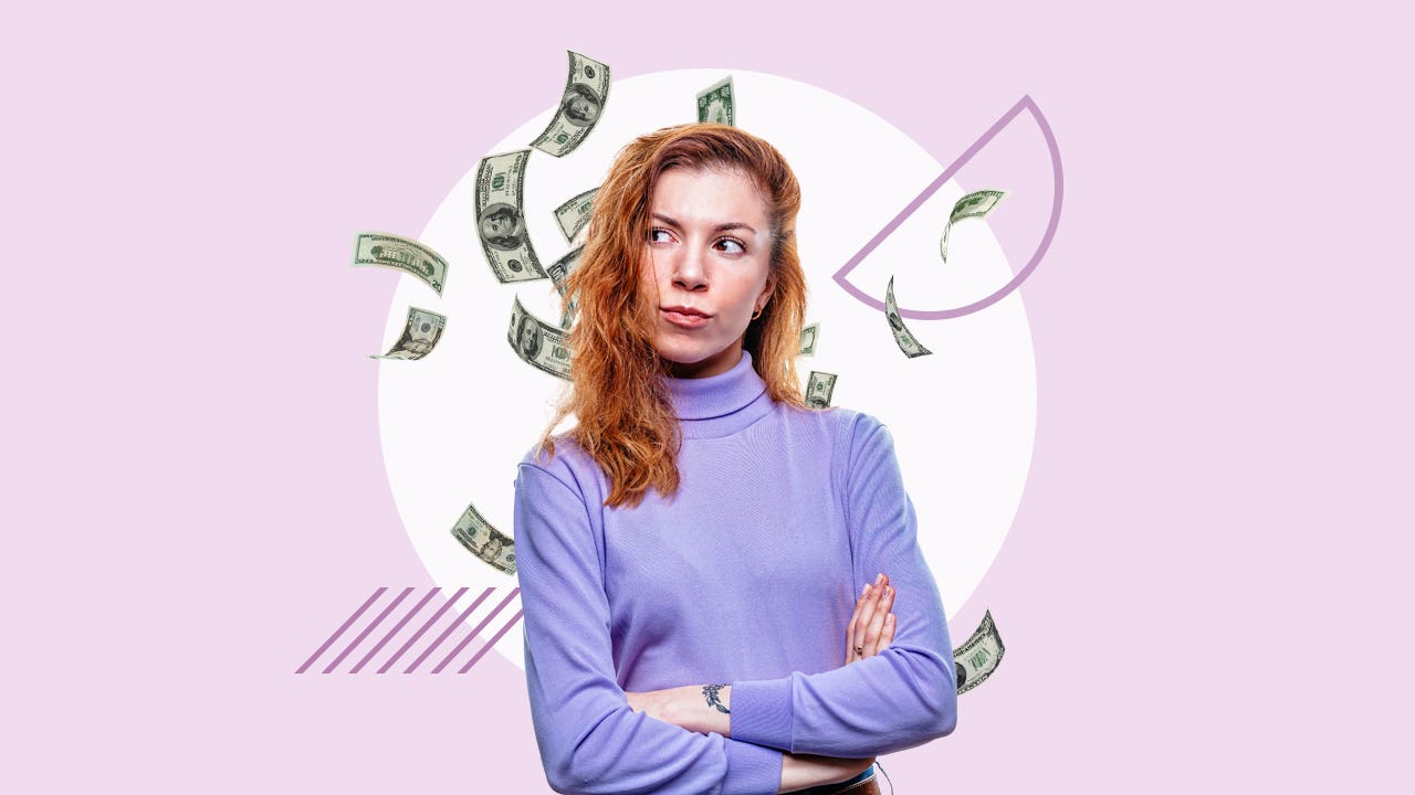 Woman surrounded by a cloud of cash