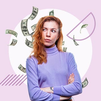 Woman surrounded by a cloud of cash