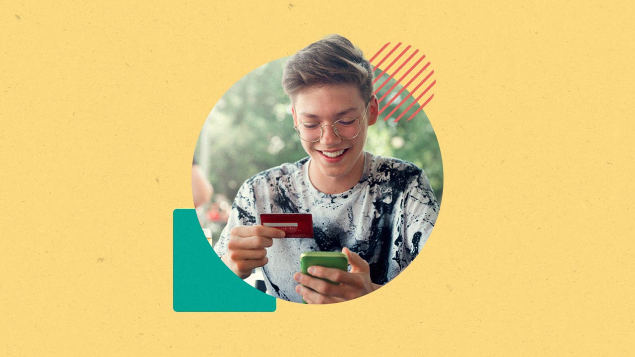 design element including a young person with glasses holding a phone and credit card
